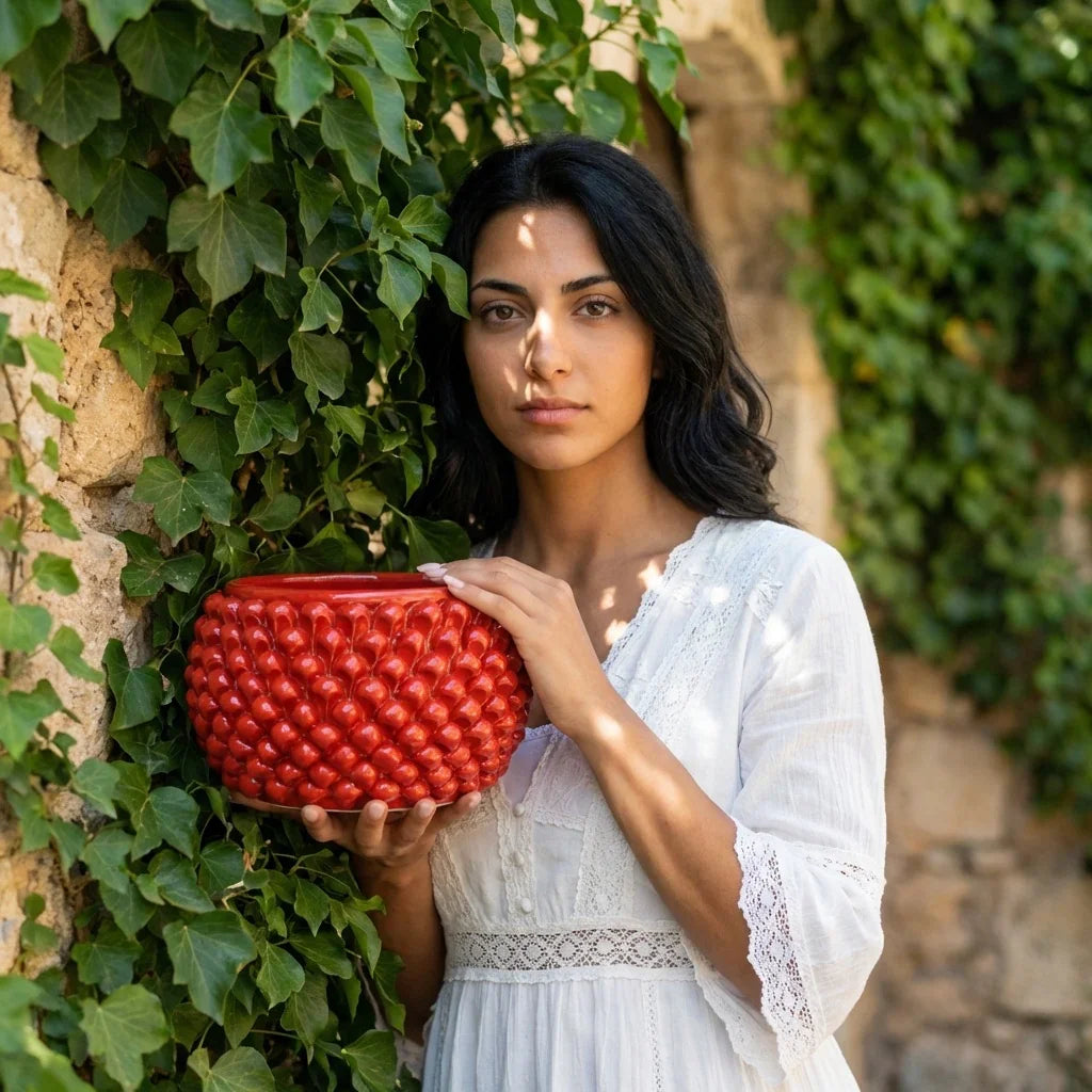Half-pine cone vase with red fiery base in Caltagirone ceramic