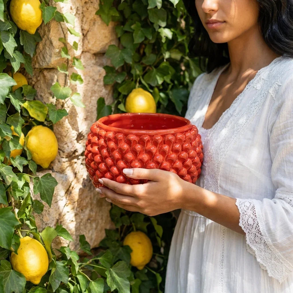 Half-pine cone vase with red fiery base in Caltagirone ceramic