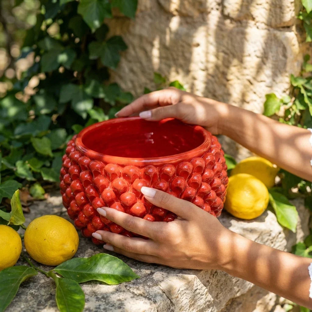 Half-pine cone vase with red fiery base in Caltagirone ceramic