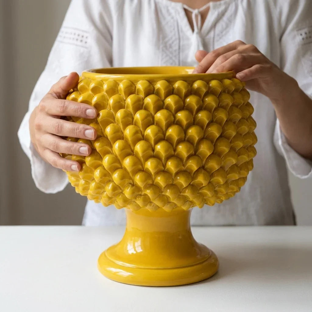 Half-pineapple mustard ceramic vase from Caltagirone
