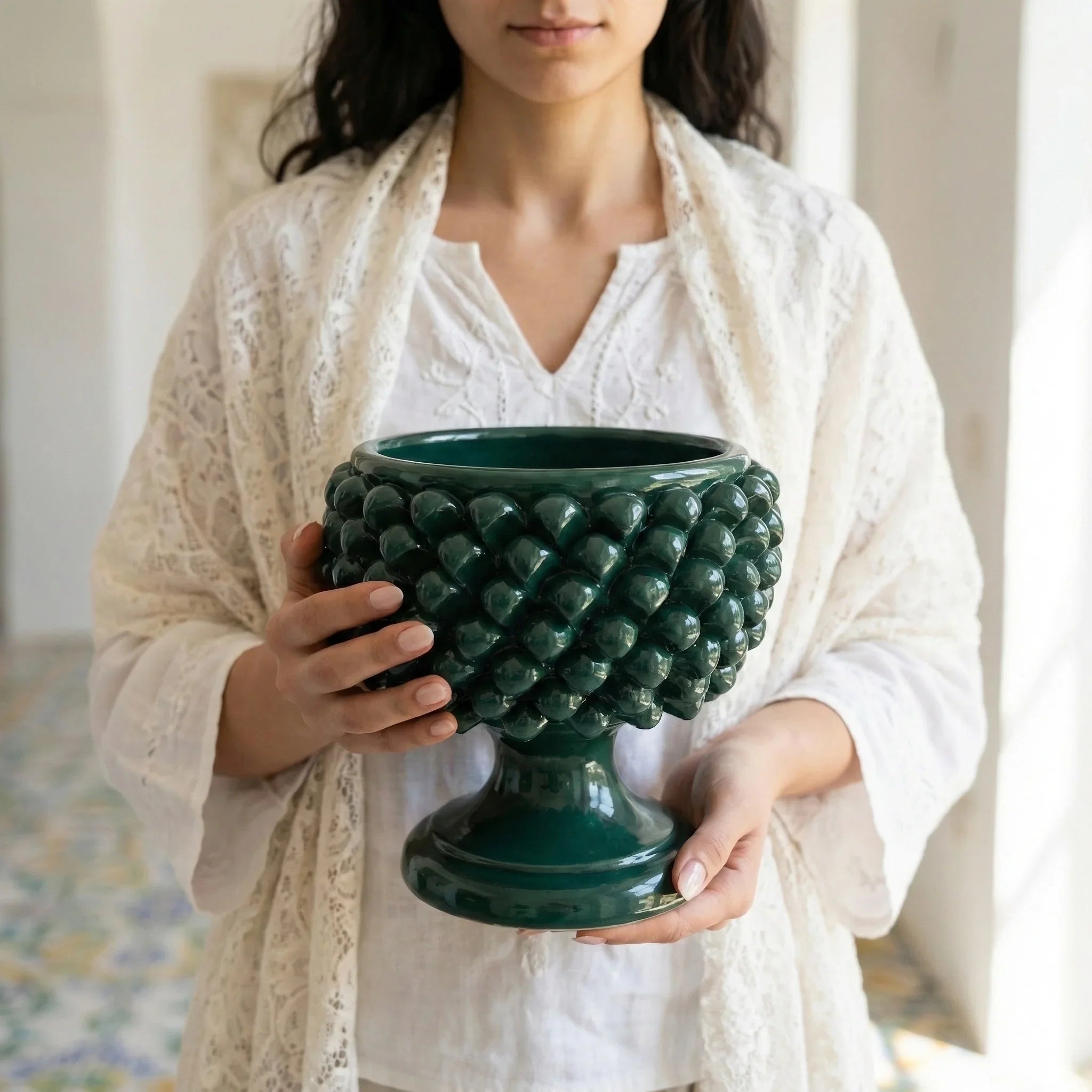 Antique green half-pineapple vase in Caltagirone ceramic