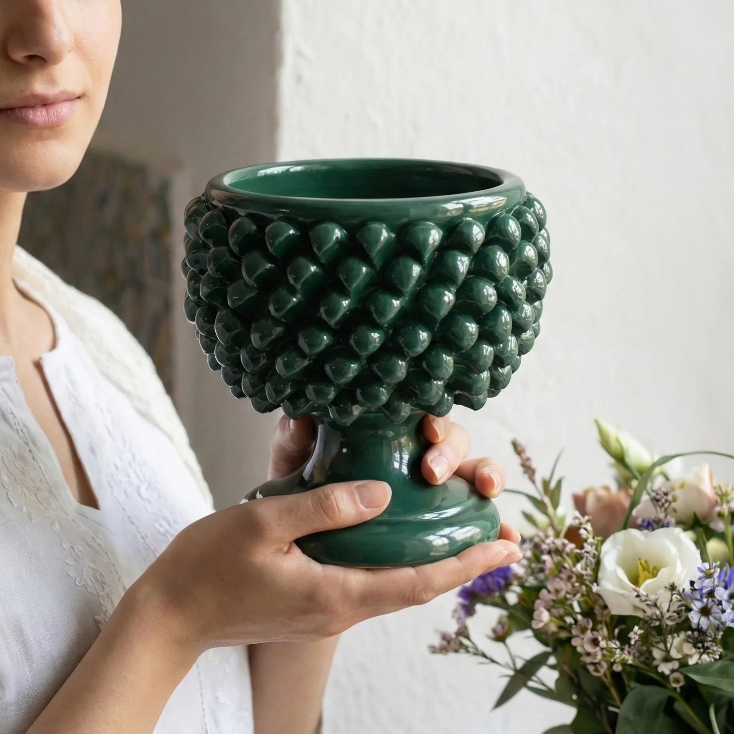 Antique green half-pineapple vase in Caltagirone ceramic