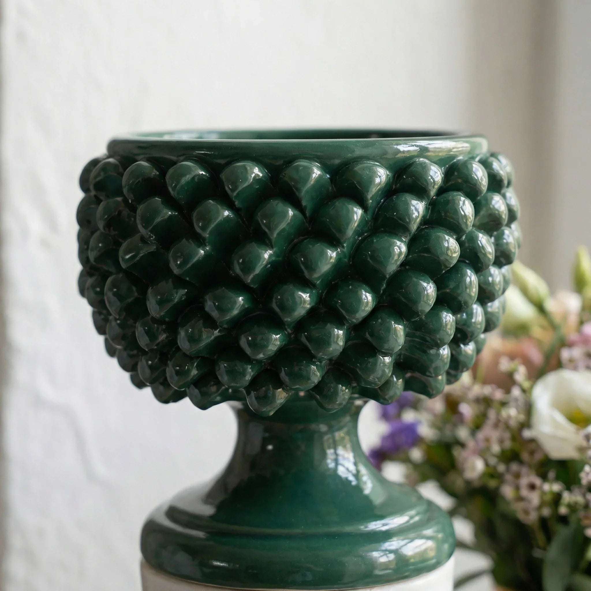 Antique green half-pineapple vase in Caltagirone ceramic