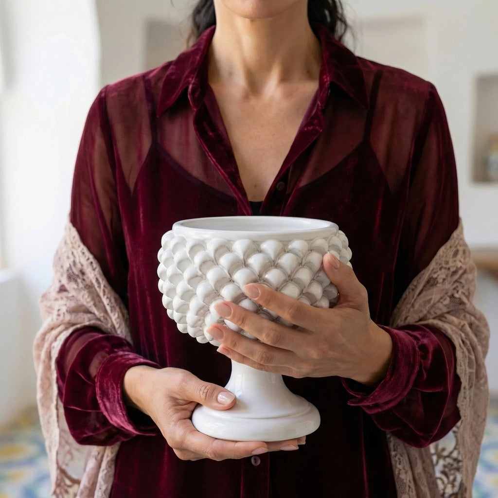 Half-pineapple vase white line in Caltagirone ceramic