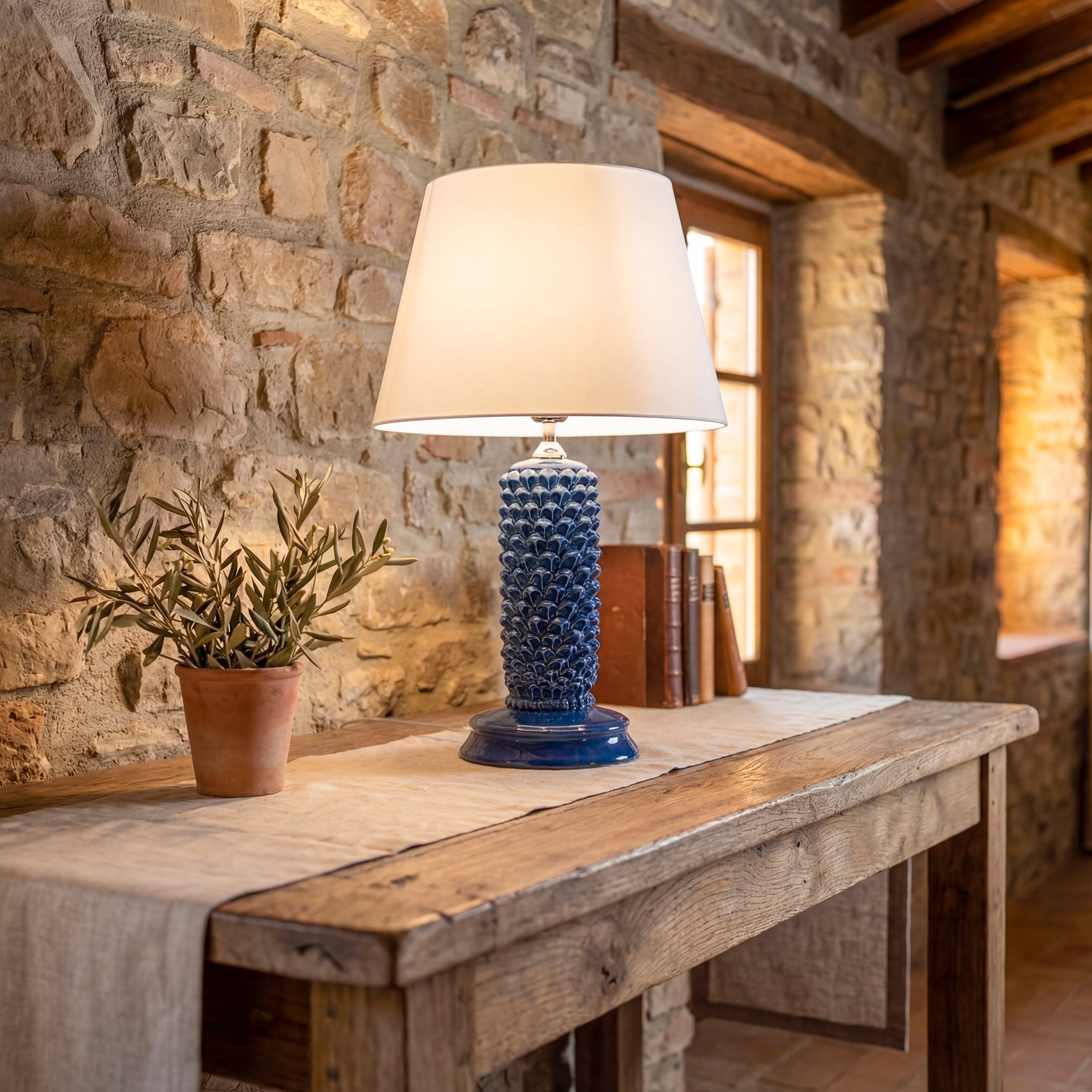 Lume Pigna Cilindro in Ceramica di Caltagirone h 60 cm — Blu Intenso