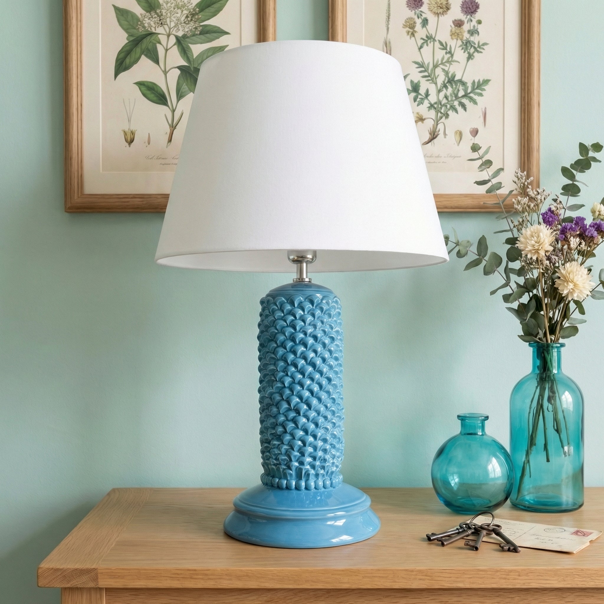 Lume Pigna Cilindro in Ceramica di Caltagirone h 60 cm — Turchese