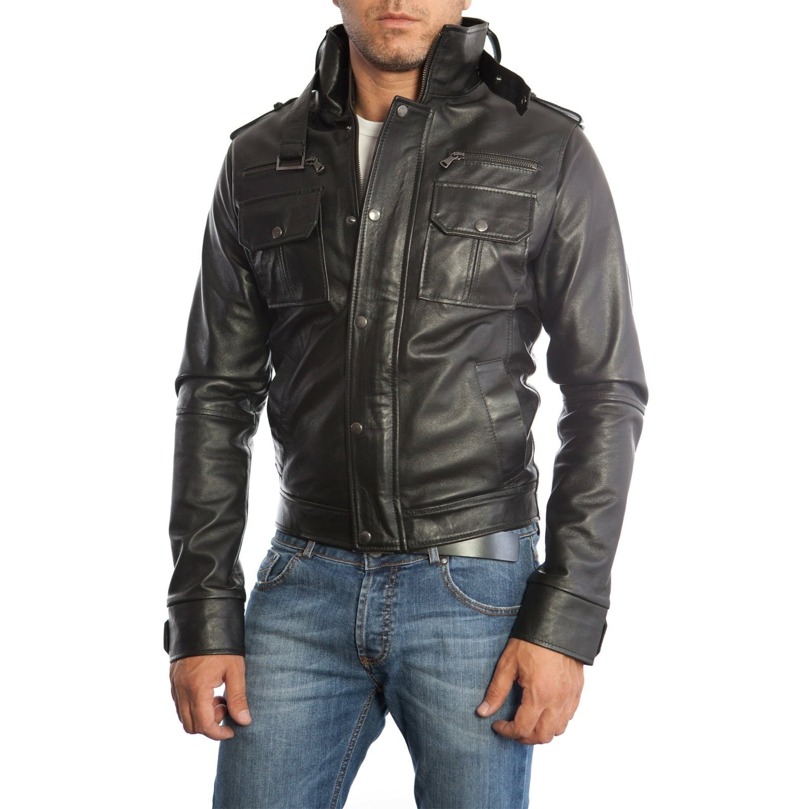 Men's Slim Fit Black Genuine Leather Biker Jacket Six Front Pockets Rindway
