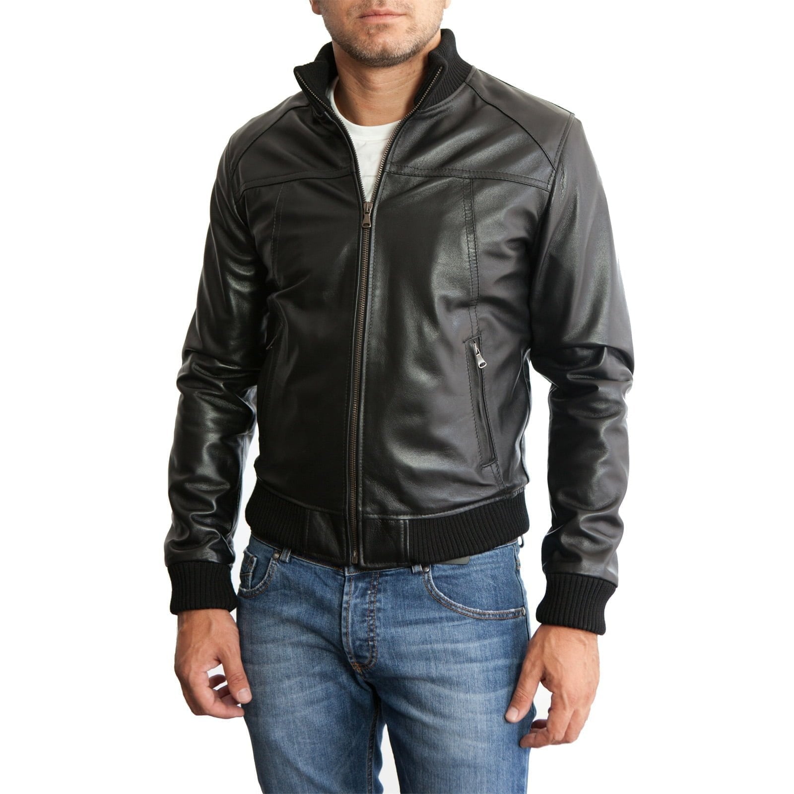 Men's Slim Fit Black Genuine Leather Bomber Jacket with Front Cuts Rindway
