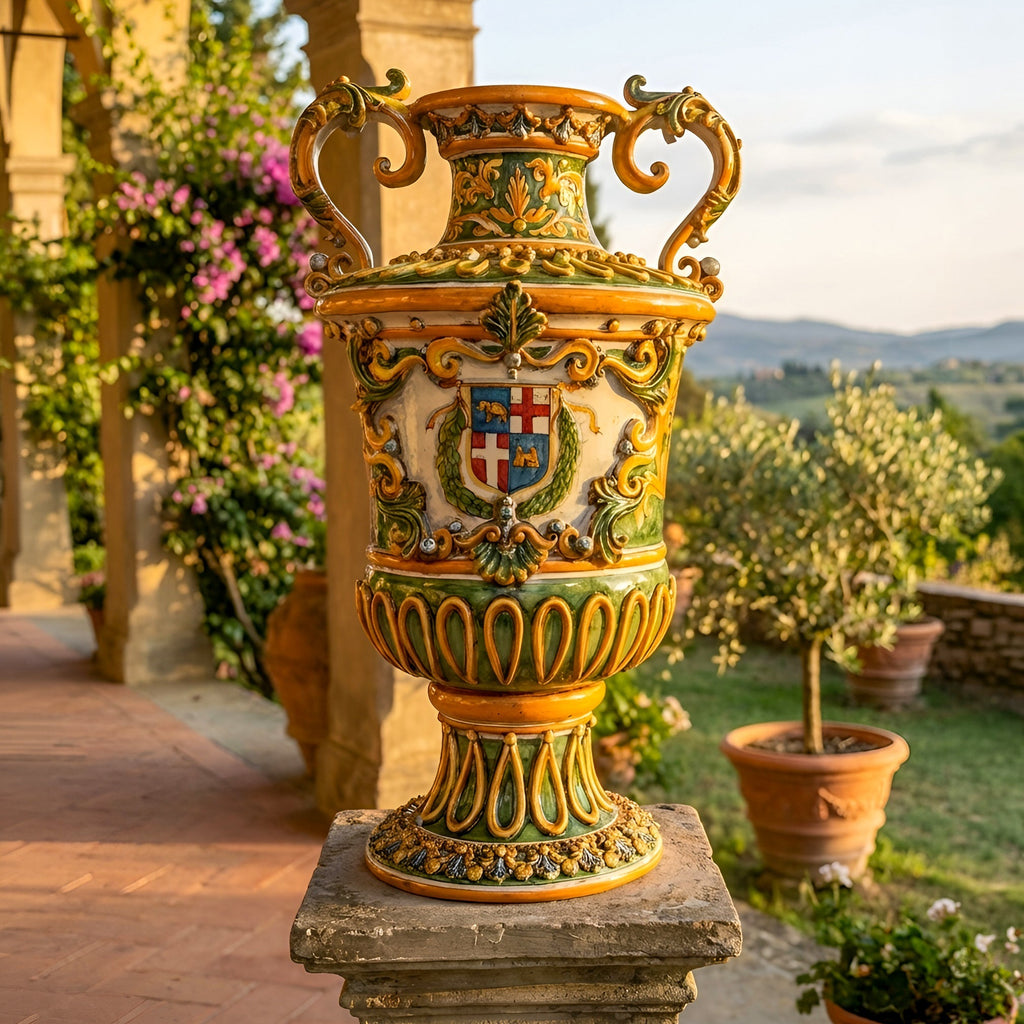 Vaso monumentale h 60 in serie limitata ornato fondo verde c/stemma malta Ceramiche di Caltagirone Sofia