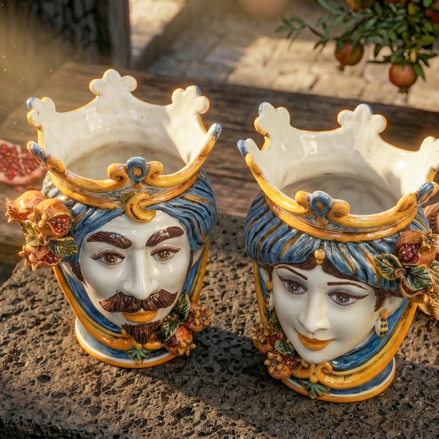 Testa di Moro con Melograni h 25 cm — Maschio Bianco, Blu e Arancio