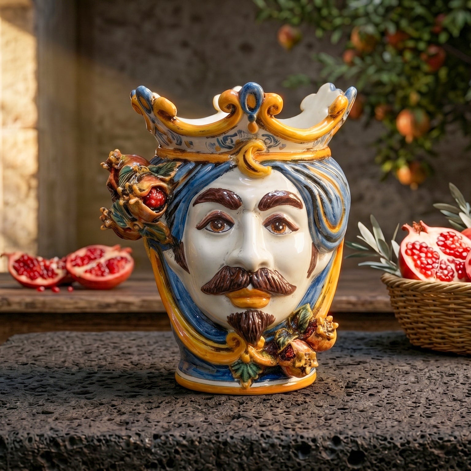 Testa di Moro con Melograni h 25 cm — Maschio Bianco, Blu e Arancio