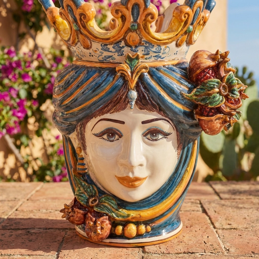 Testa di Moro con Melograni h 40 cm — Donna, Blu e Arancio