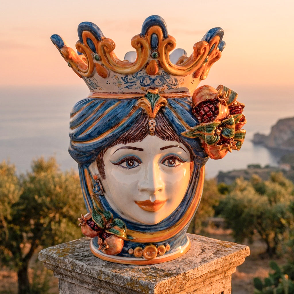 Testa di Moro con Melograni h 40 cm — Donna, Blu e Arancio