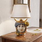 Lume a Testa con Limoni h 55 cm (ceramica h 25 cm, Paralume in Tessuto Ø 35 cm) — Femmina, Blu e Arancio