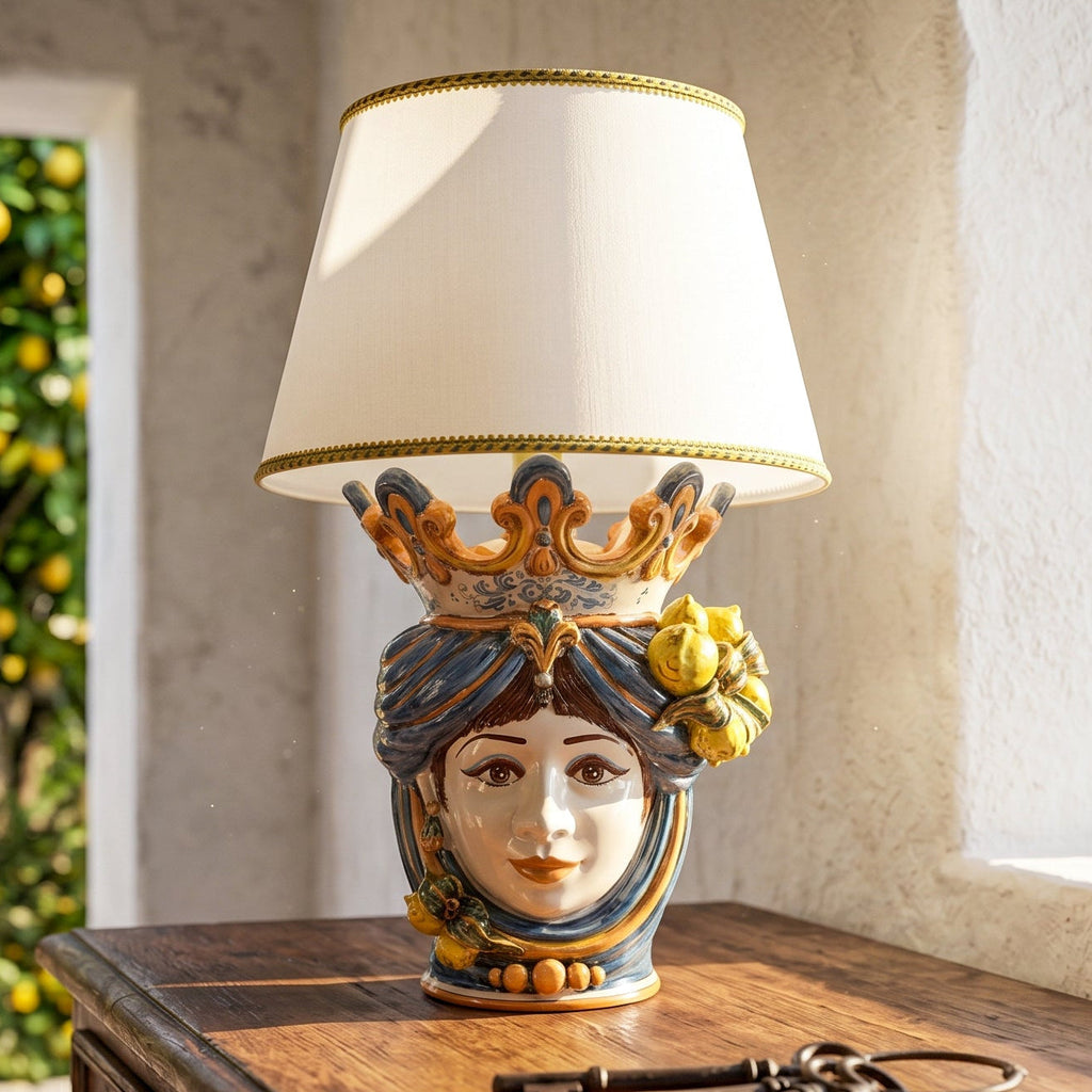 Lamp with woman's head, H 70 cm, blue and orange lemons