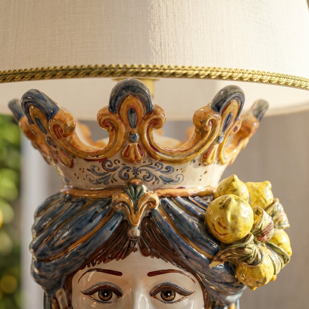 Lamp with woman's head, H 70 cm, blue and orange lemons