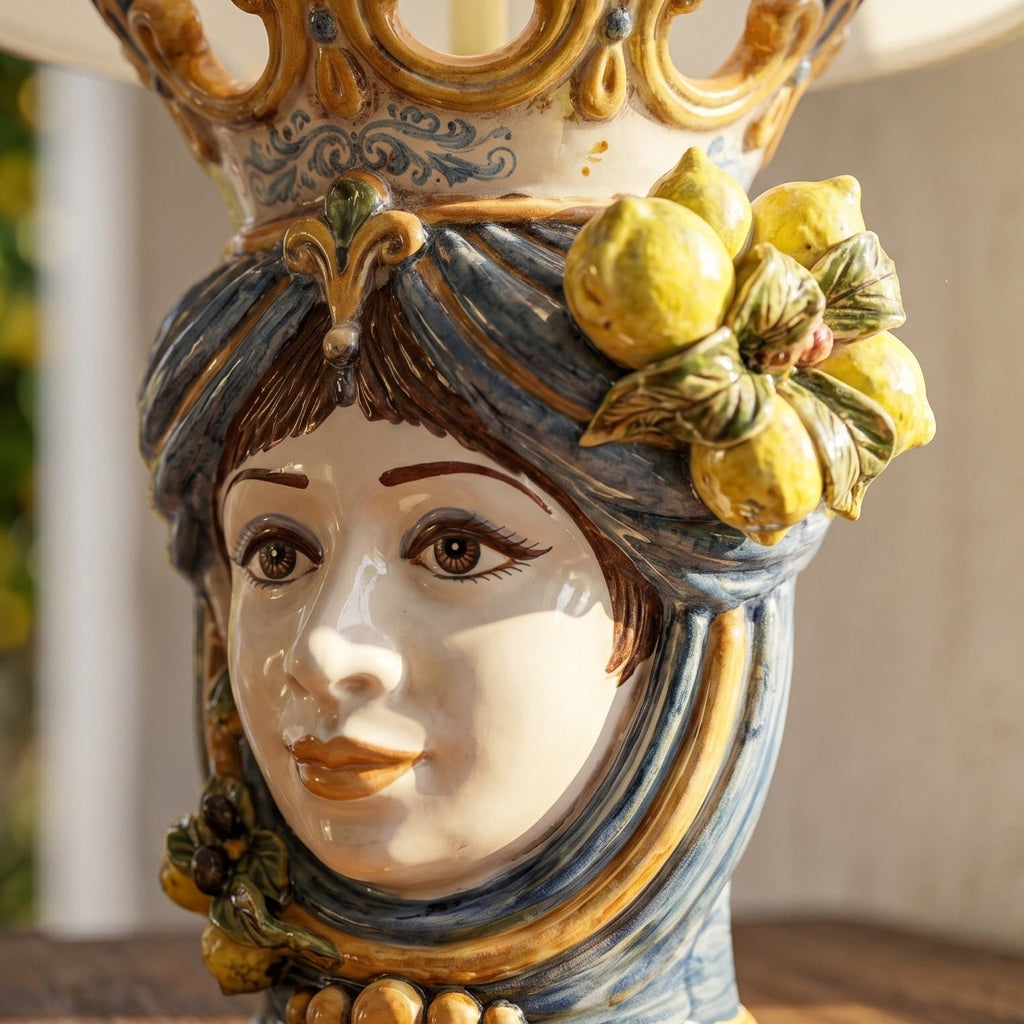 Lamp with woman's head, H 70 cm, blue and orange lemons