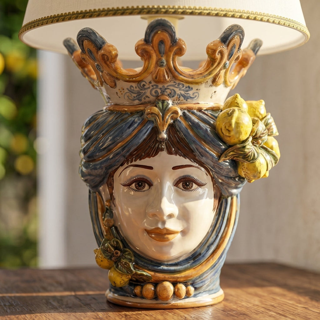 Lamp with woman's head, H 70 cm, blue and orange lemons