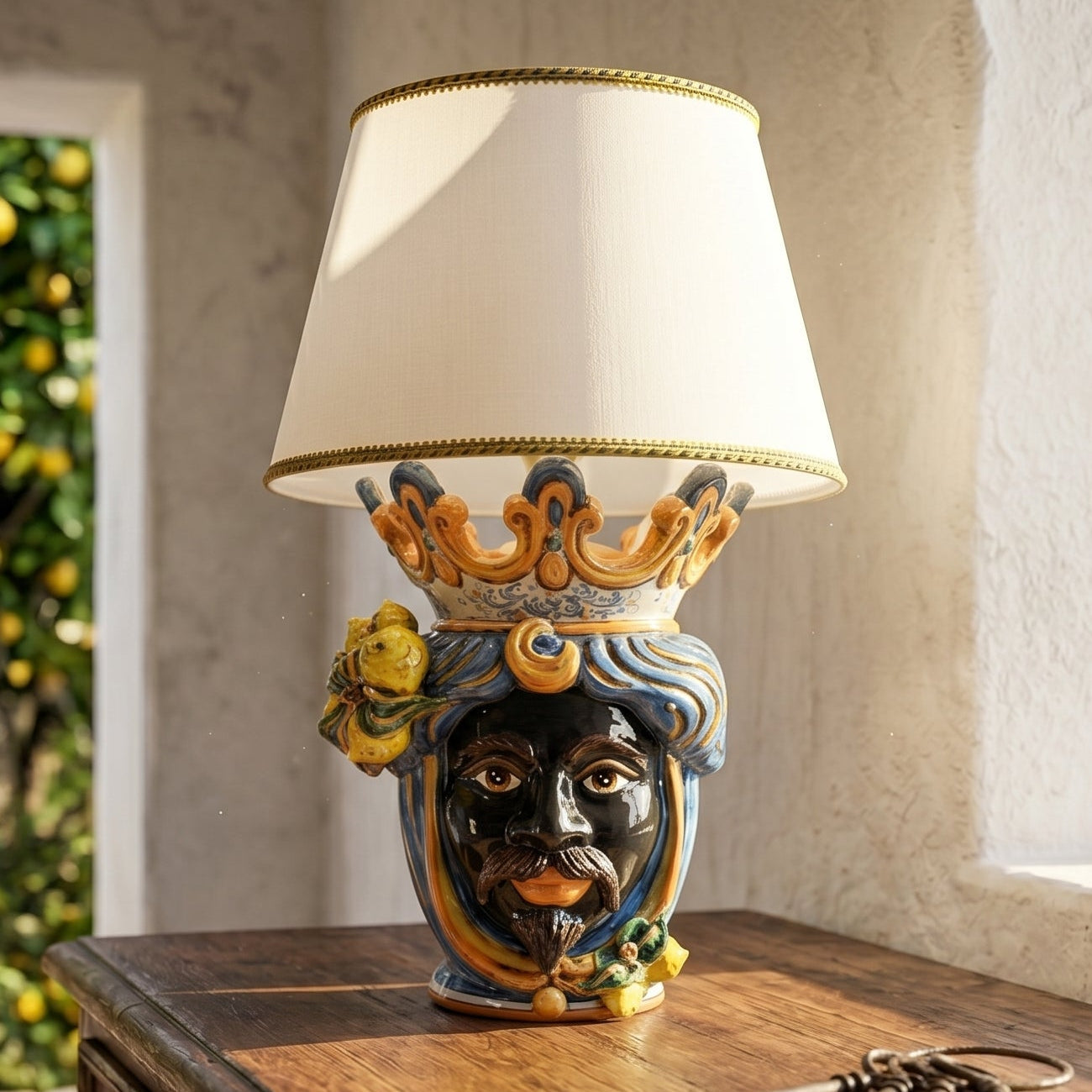 Lume a Testa con Limoni h 70 cm (ceramica h 40 cm, Paralume in Tessuto Ø 45 cm) — Maschio Moro, Blu e Arancio
