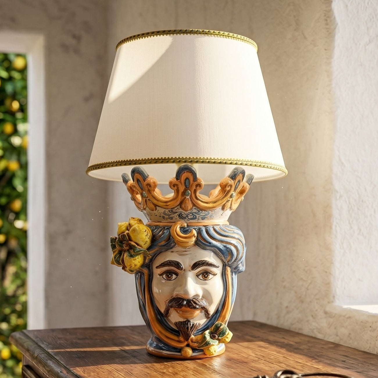 Lume a Testa con Limoni h 70 cm (ceramica h 40 cm, Paralume in Tessuto Ø 45 cm) — Maschio Bianco, Blu e Arancio