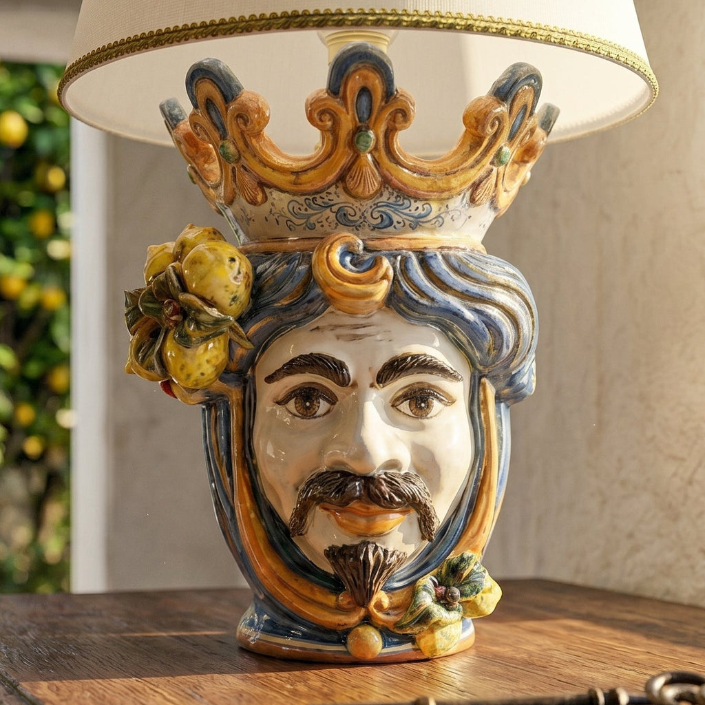Lume a Testa con Limoni h 70 cm (ceramica h 40 cm, Paralume in Tessuto Ø 45 cm) — Maschio Bianco, Blu e Arancio