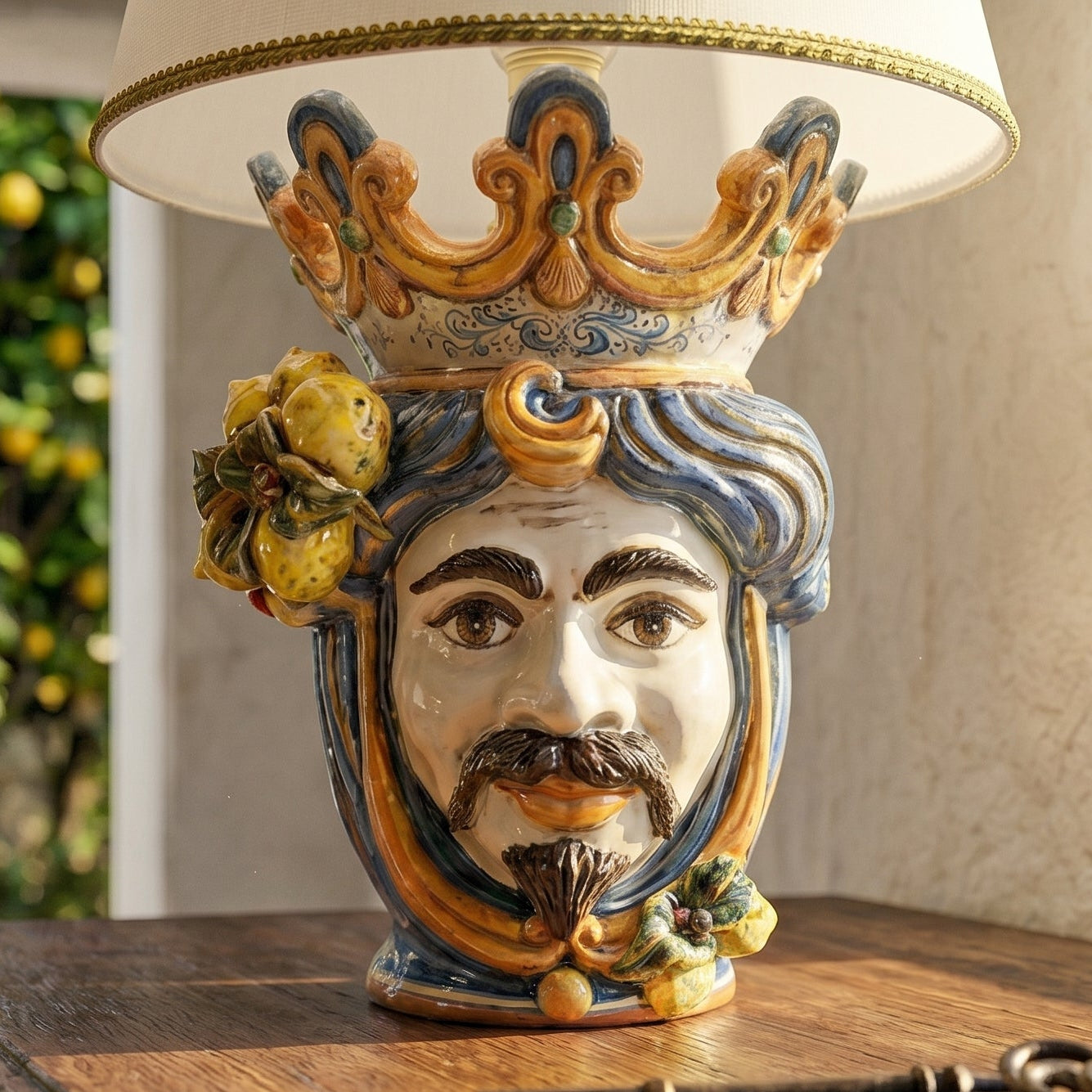 Lume a Testa con Limoni h 70 cm (ceramica h 40 cm, Paralume in Tessuto Ø 45 cm) — Maschio Bianco, Blu e Arancio