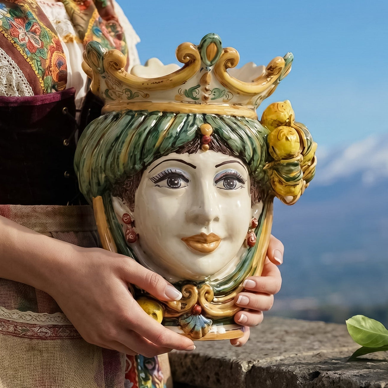 Testa di Moro con Limoni h 25 cm — Donna, Verde e Arancio