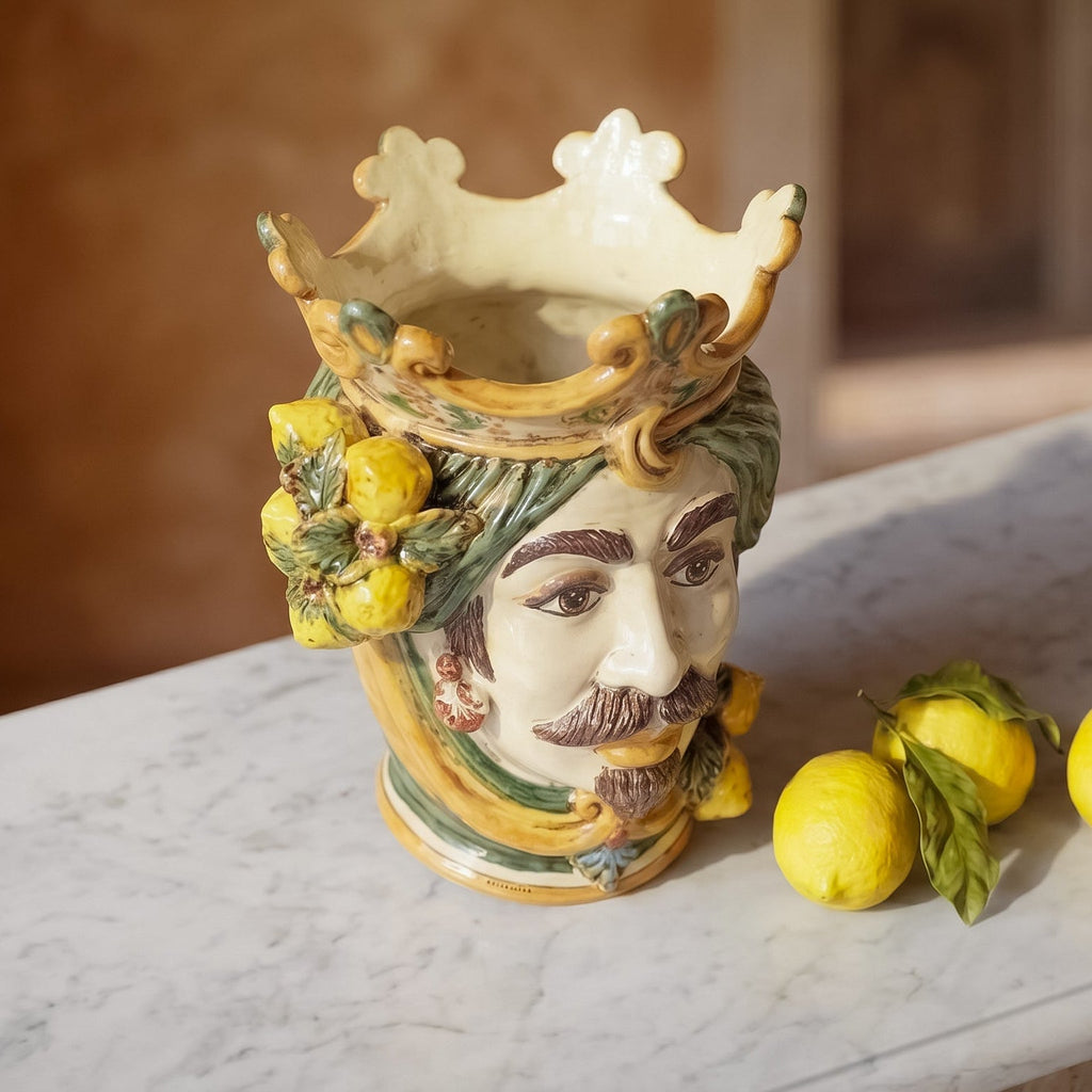 Testa di Moro con Limoni h 25 cm — Maschio Bianco, Verde e Arancio