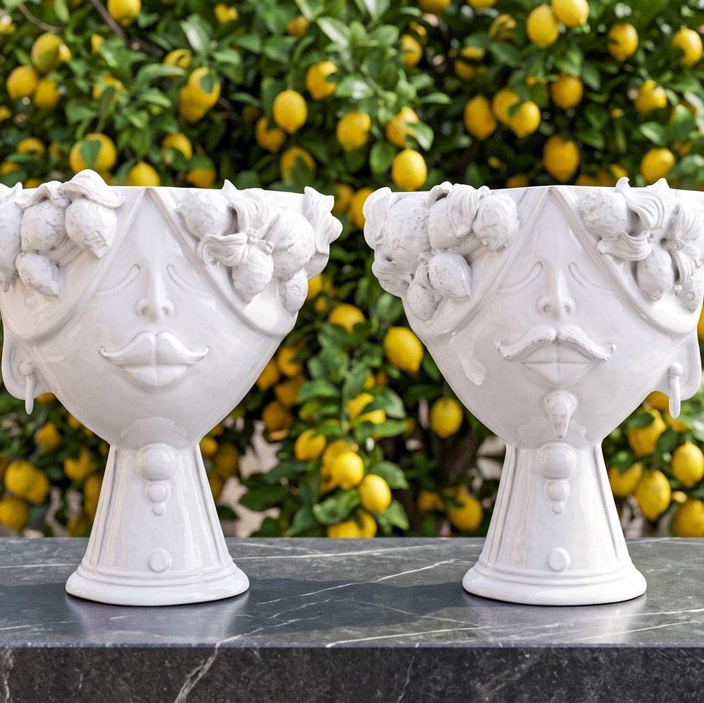 Testa Zahira con Limoni h 30 cm - Uomo, White Line | Ceramica Caltagirone