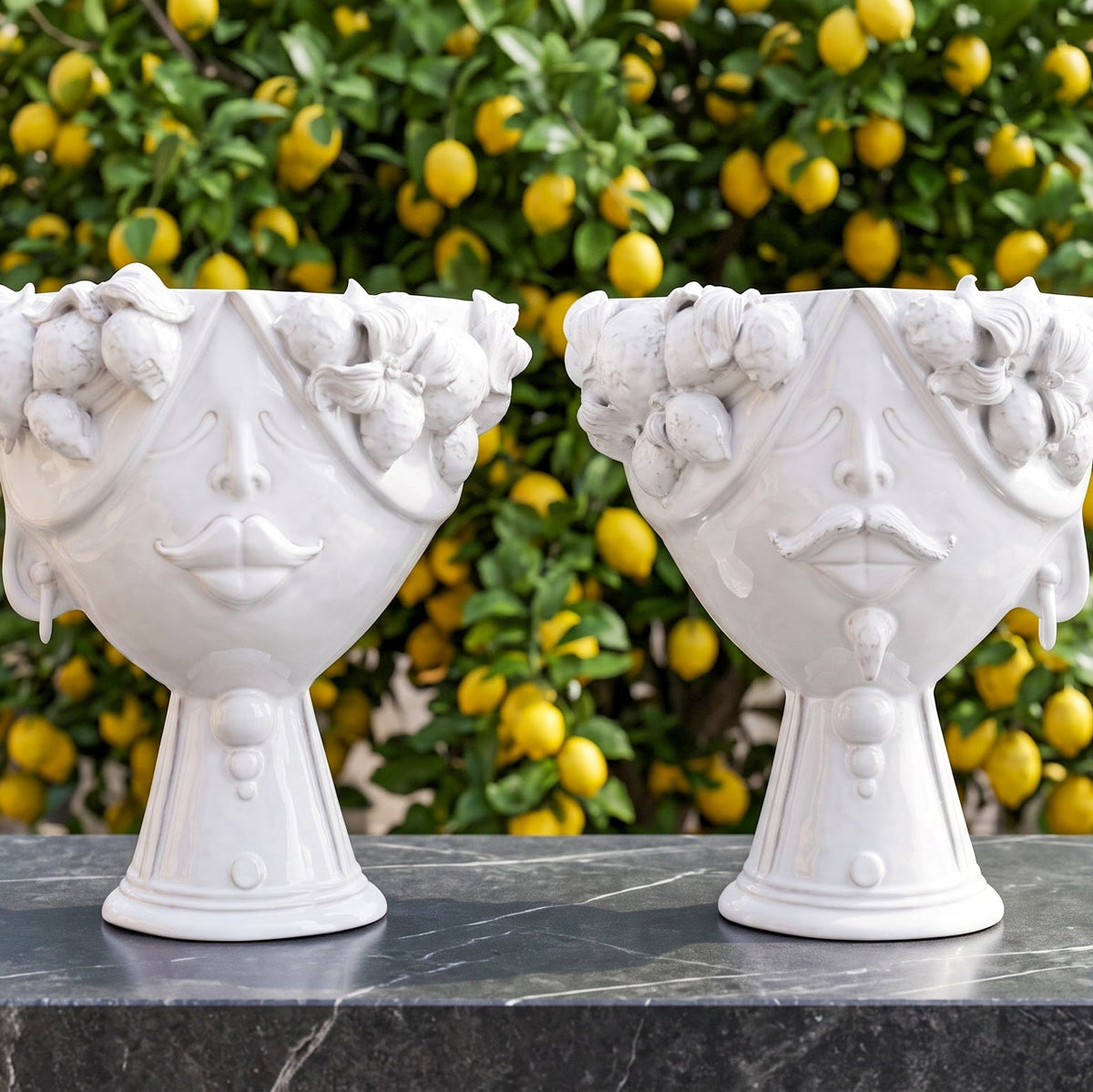 Testa Zahira con Limoni h 30 cm - Donna, White Line | Ceramica Caltagirone