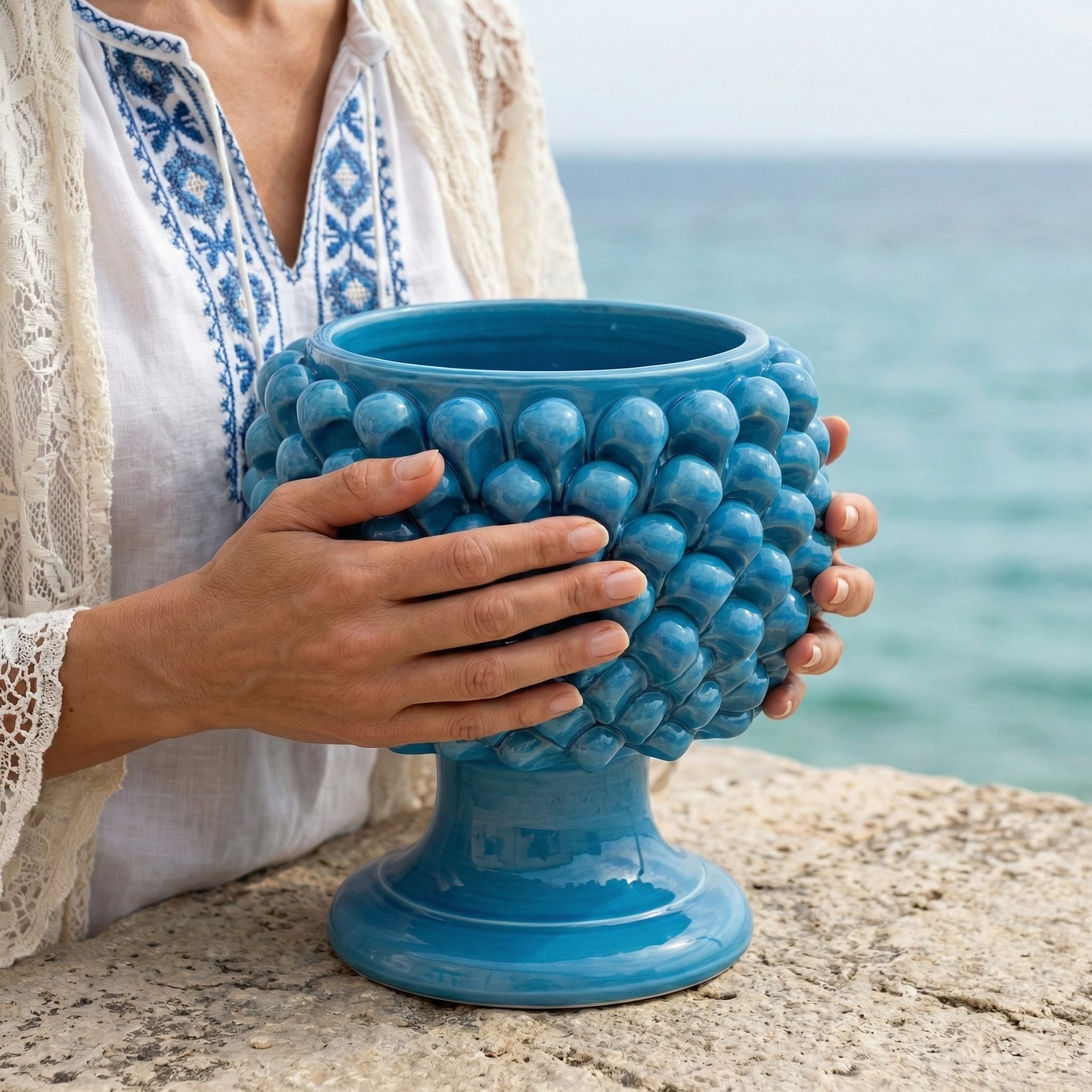 Turquoise half-pine ceramic vase from Caltagirone