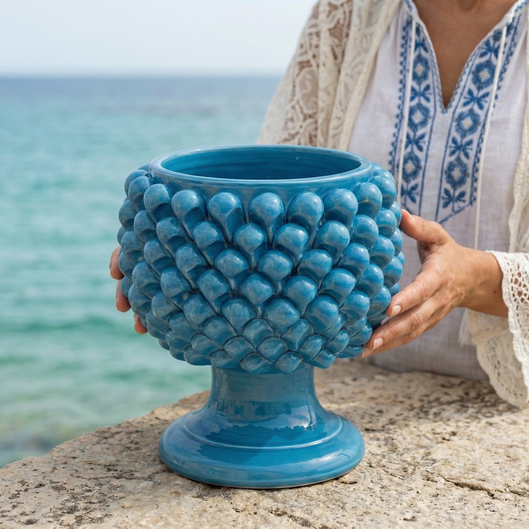 Turquoise half-pine ceramic vase from Caltagirone