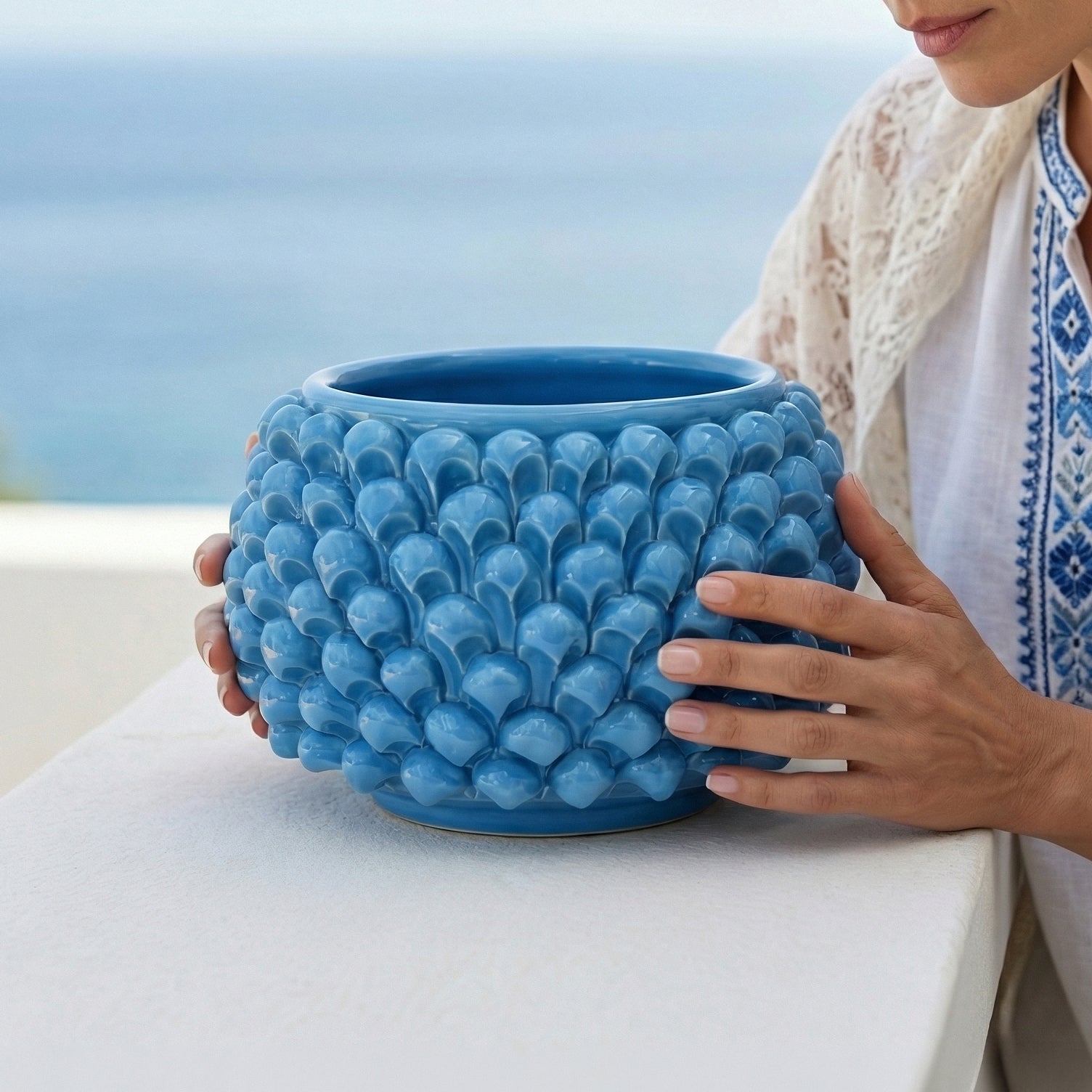 Half-pine vase with/without foot, turquoise, Caltagirone ceramic