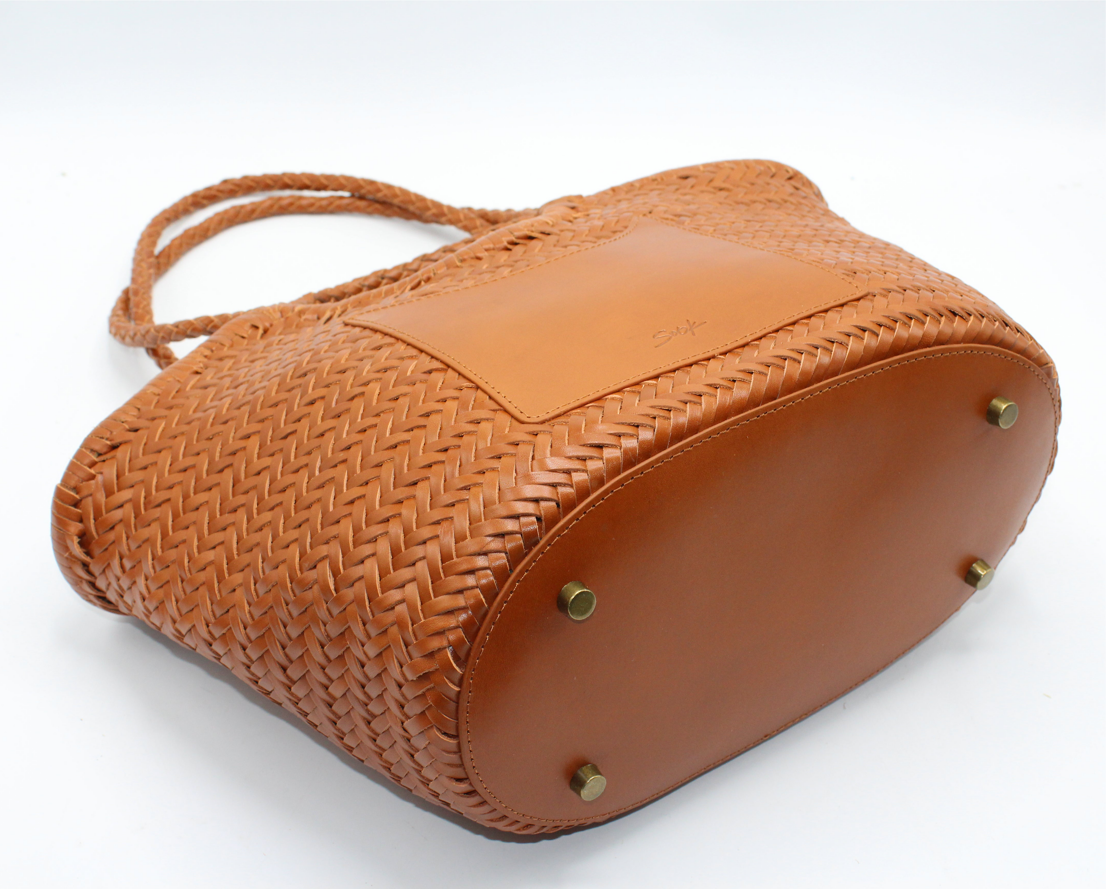 Celia-Handmade Woven Top Grain Leather Bag Caramel Color