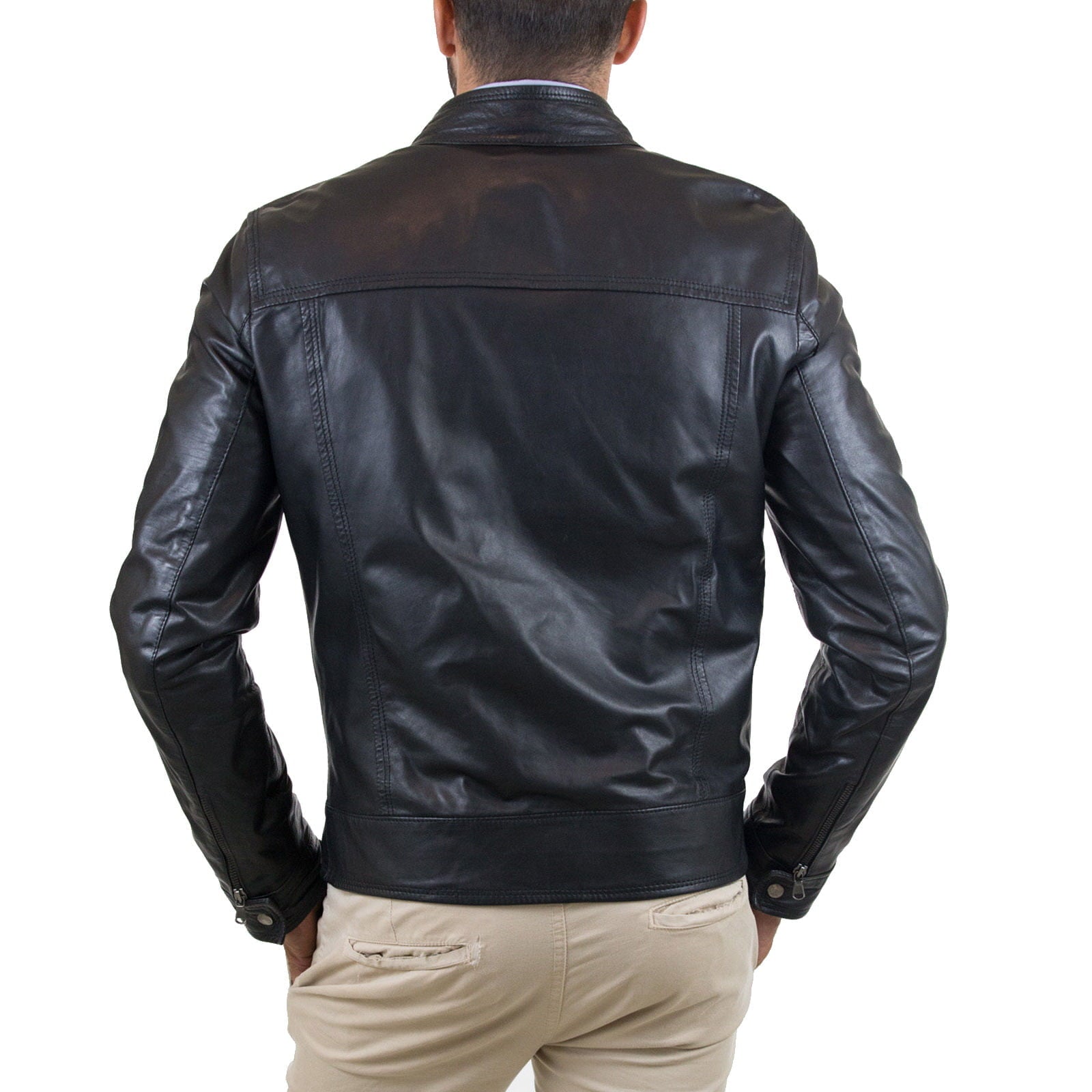 Men's Black Genuine Leather Slim Fit Biker Jacket Zip to Neck Rindway
