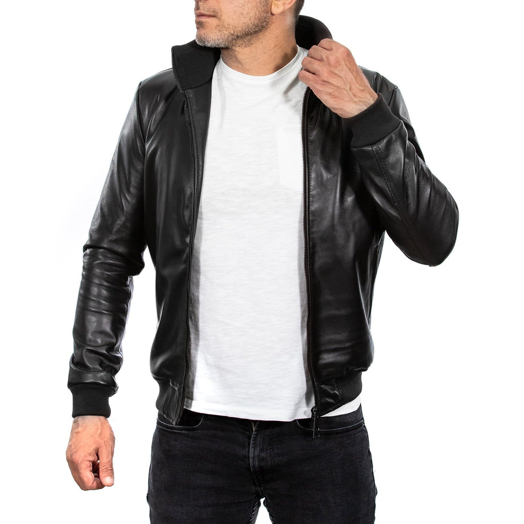 Men's Black Genuine Leather Bomber Jacket with Ribbed and Leather Collar Rindway