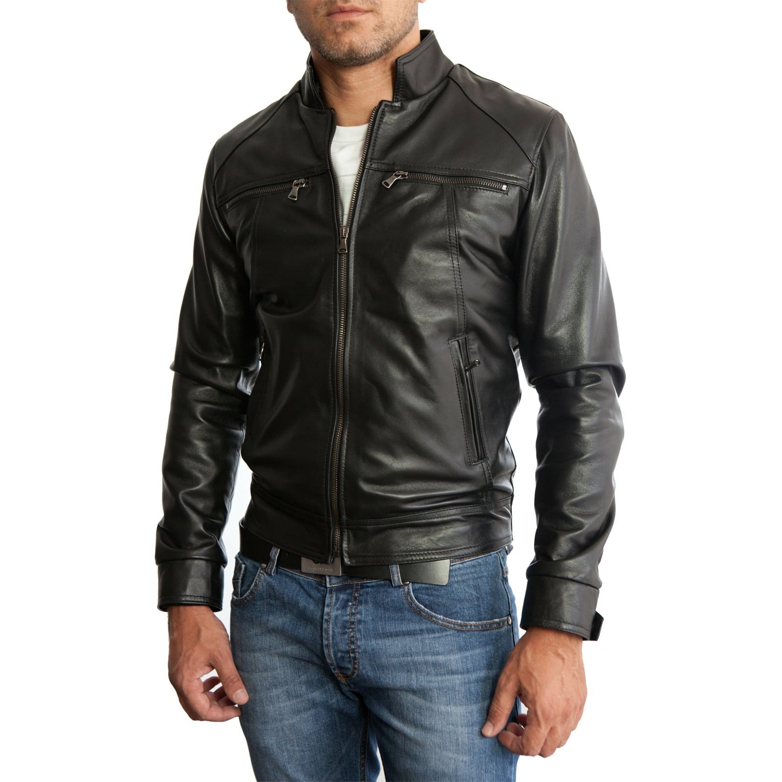 Men's Slim Blue Genuine Leather Biker Jacket Four Pockets Rindway