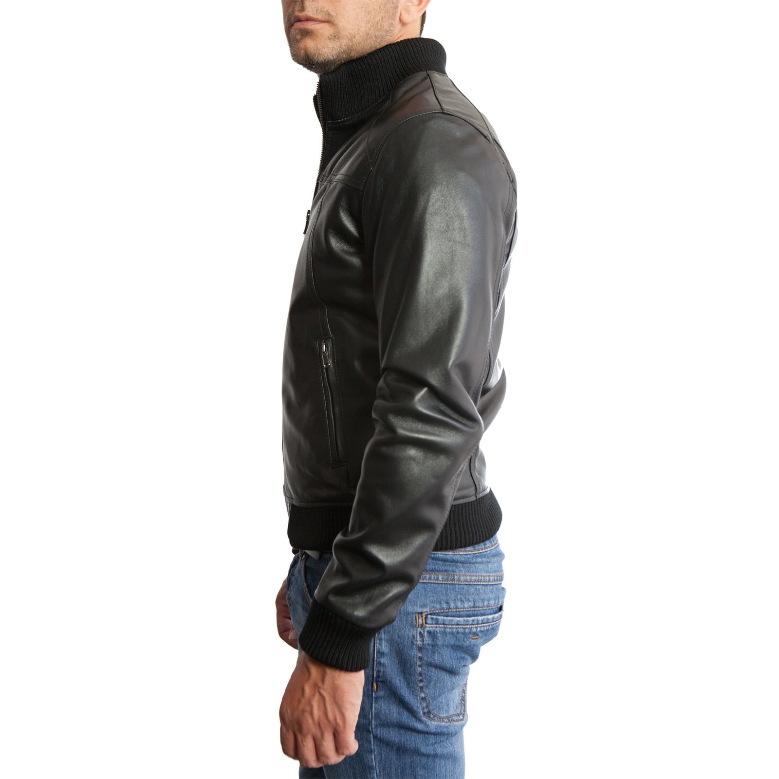 Men's Slim Fit Black Genuine Leather Bomber Jacket with Front Cuts Rindway