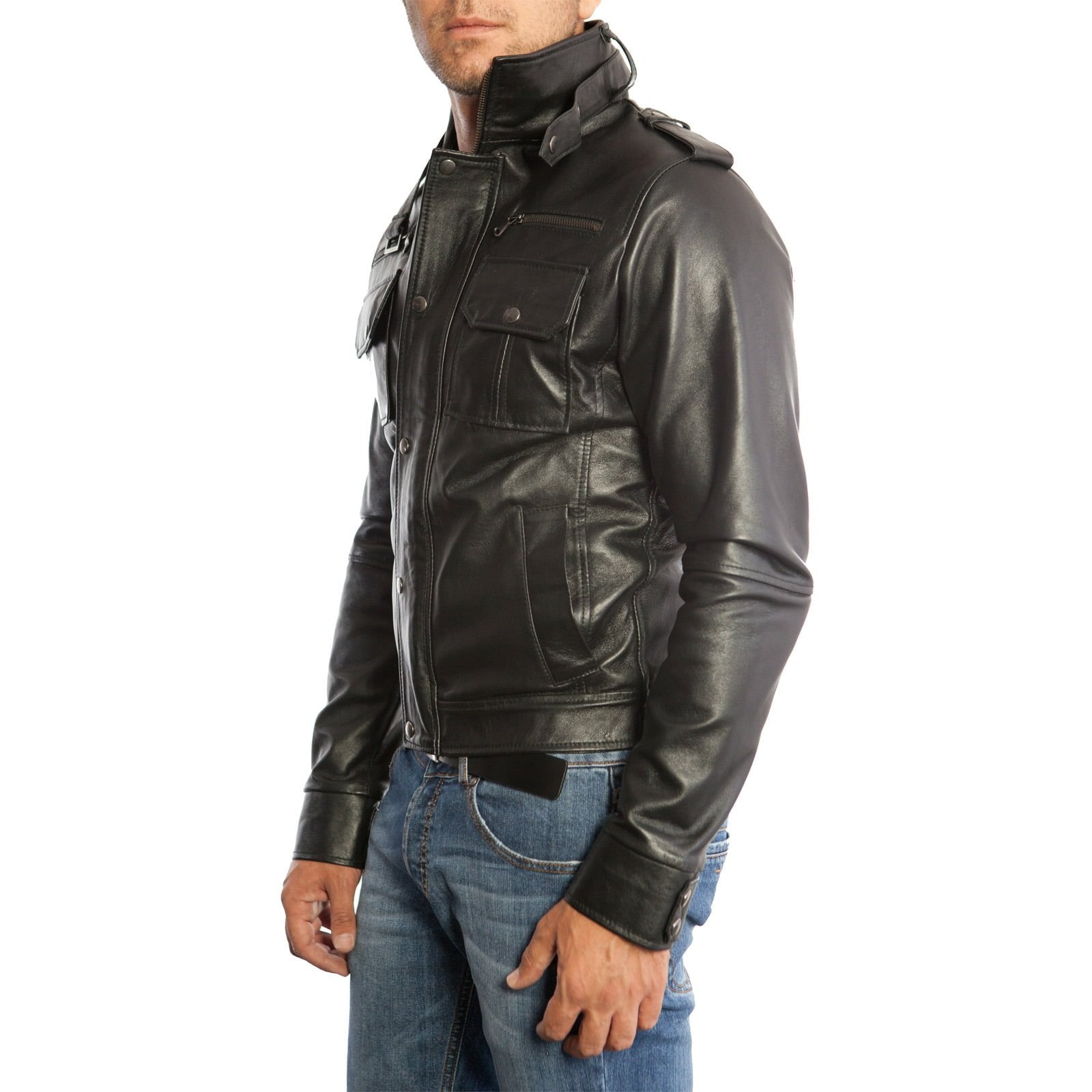 Men's Slim Fit Black Genuine Leather Biker Jacket Six Front Pockets Rindway