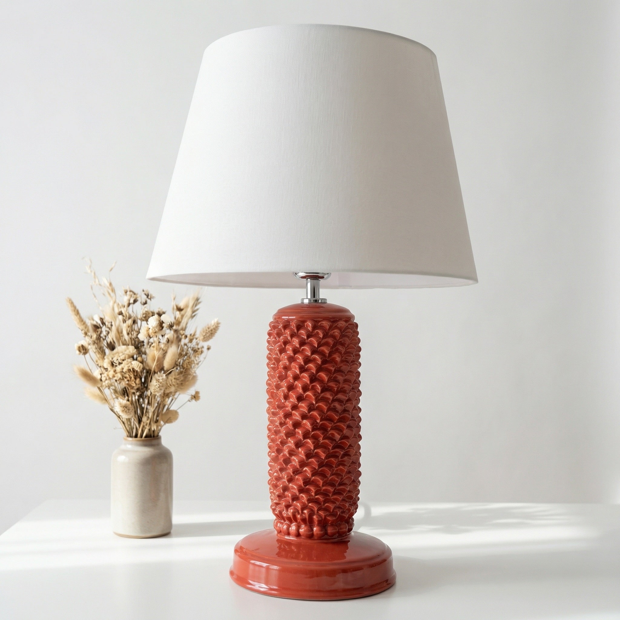 Lume Pigna Cilindro in Ceramica di Caltagirone h 60 cm — Rosso Fuoco