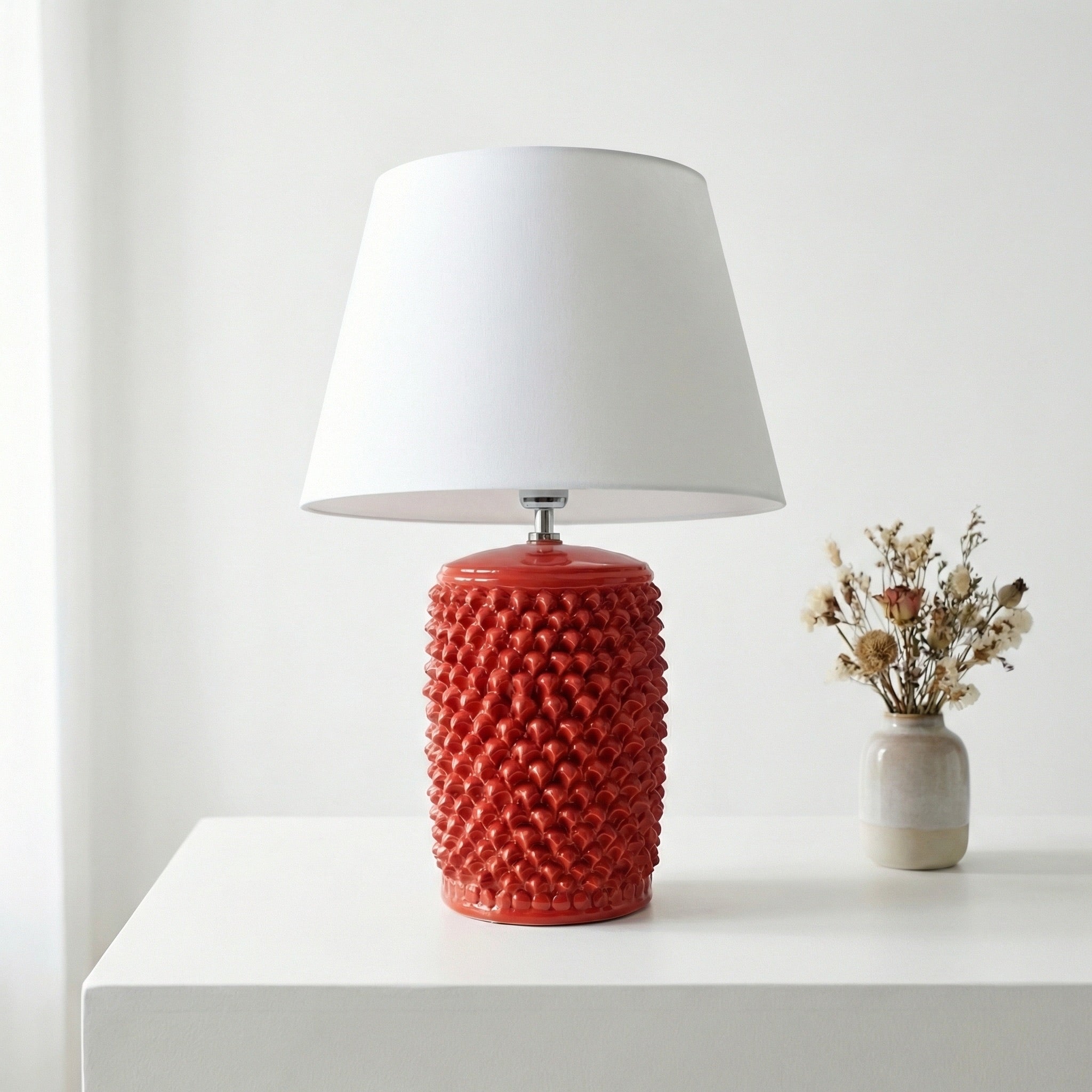 Lume Pigna Cilindro in Ceramica di Caltagirone h 60 cm — Rosso Fuoco