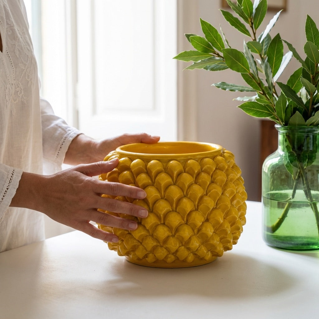 Half-pineapple vase with/without foot, mustard yellow, in Caltagirone ceramic