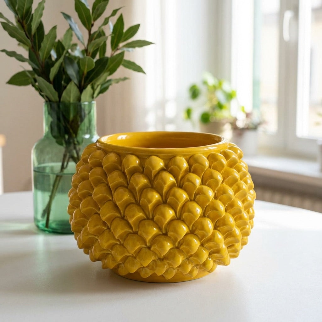 Half-pineapple vase with/without foot, mustard yellow, in Caltagirone ceramic