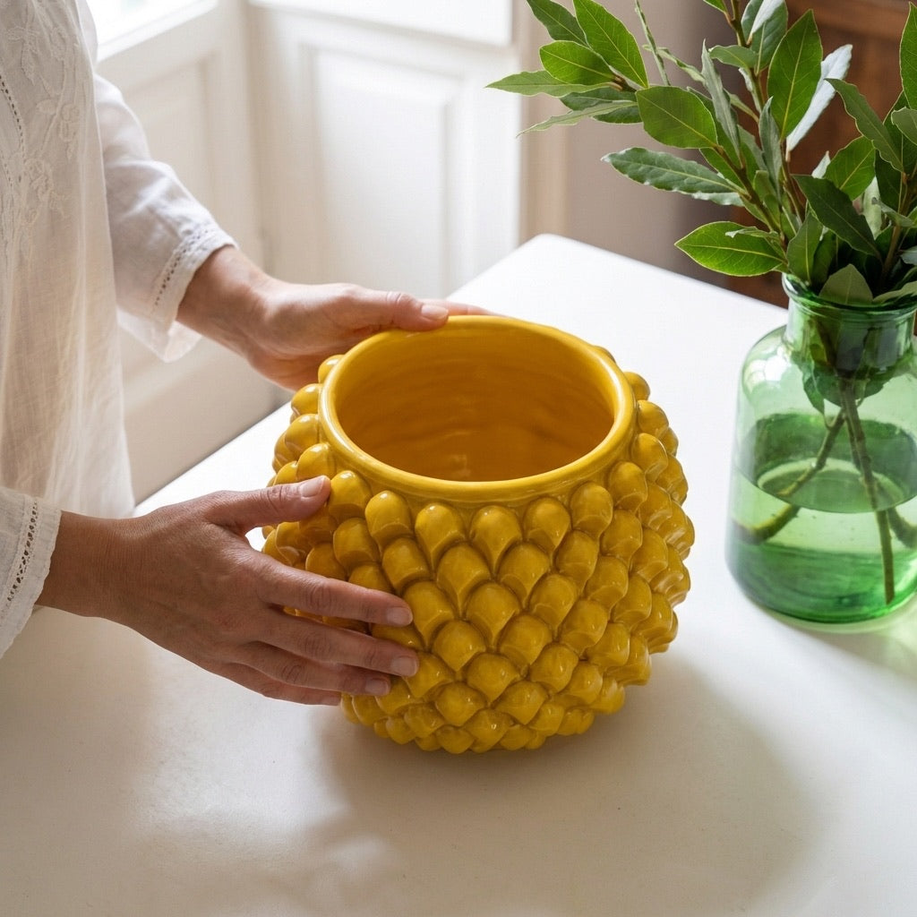 Half-pineapple vase with/without foot, mustard yellow, in Caltagirone ceramic