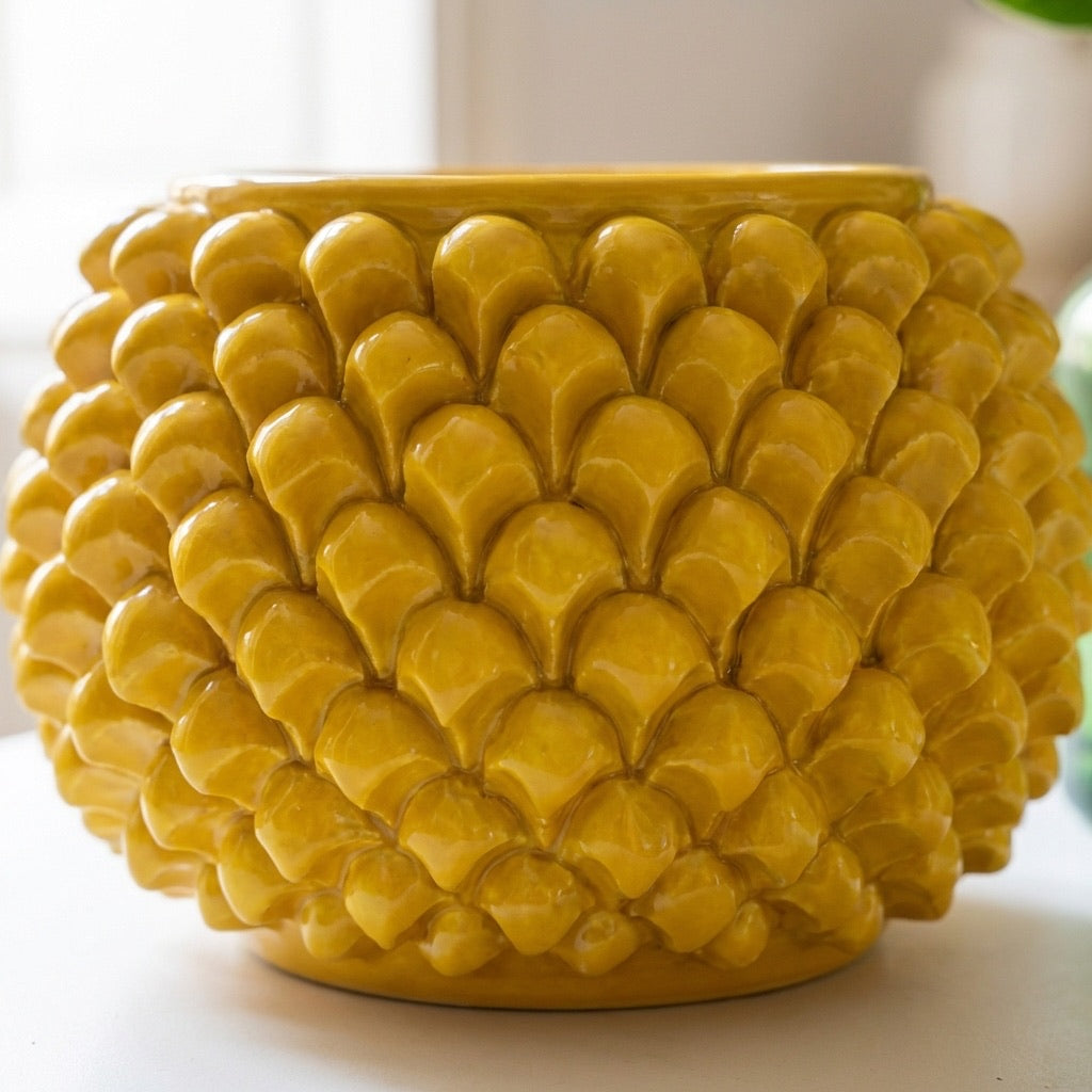 Half-pineapple vase with/without foot, mustard yellow, in Caltagirone ceramic