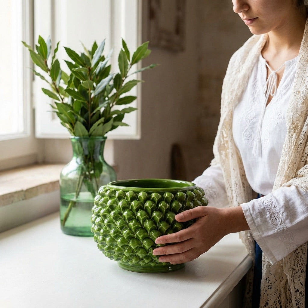 Half-pineapple vase without base, leaf green, in Caltagirone ceramic
