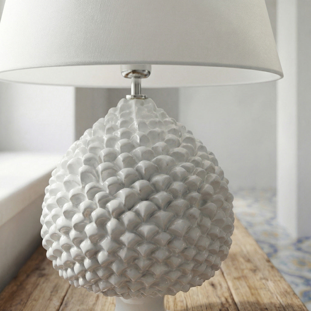 Hand-modeled White Line Pine Cone Lamp - Caltagirone Ceramics