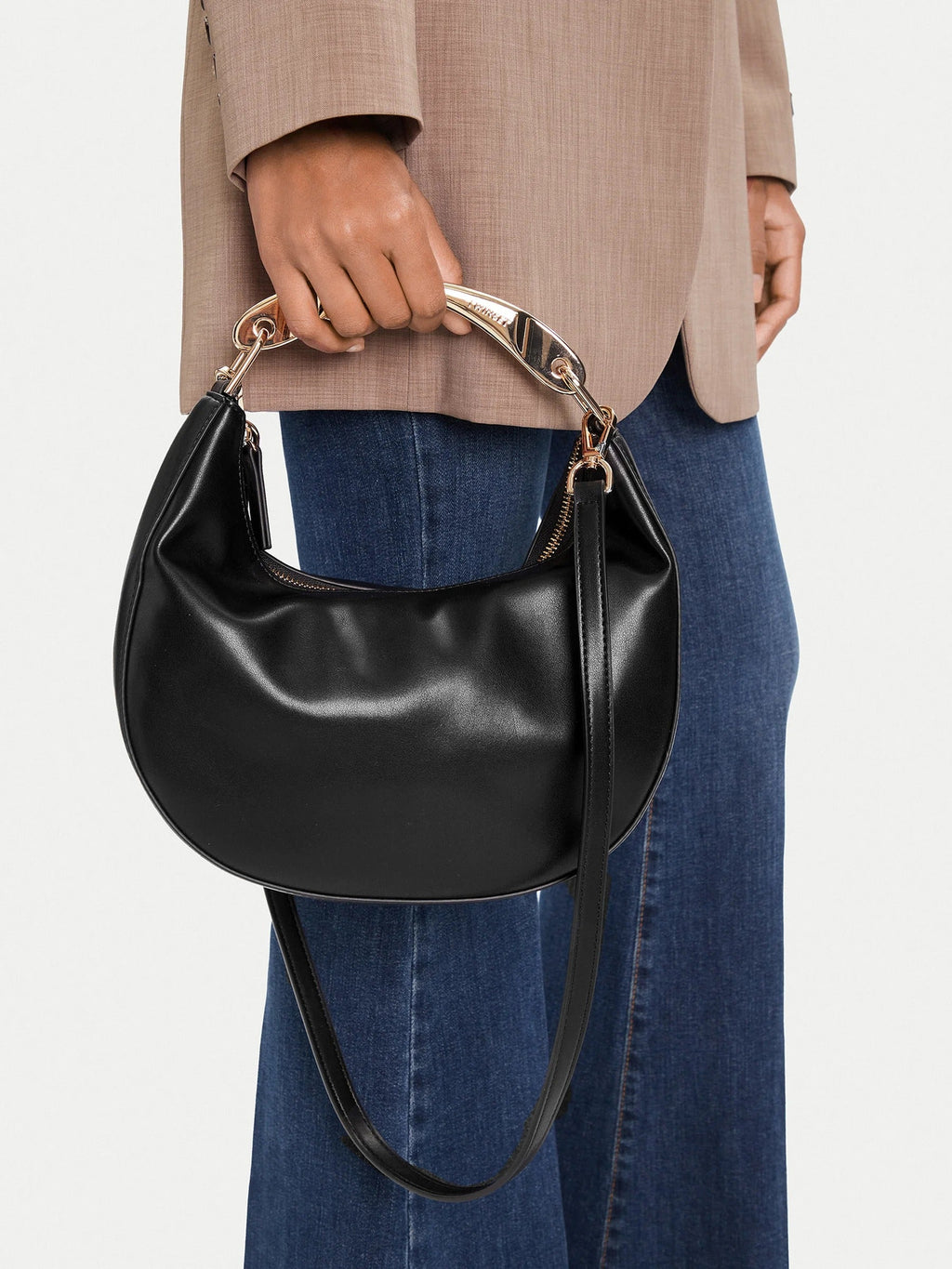 TWINSET Women's Black Hobo Shoulder Bag with Metal Handle and Shoulder Strap