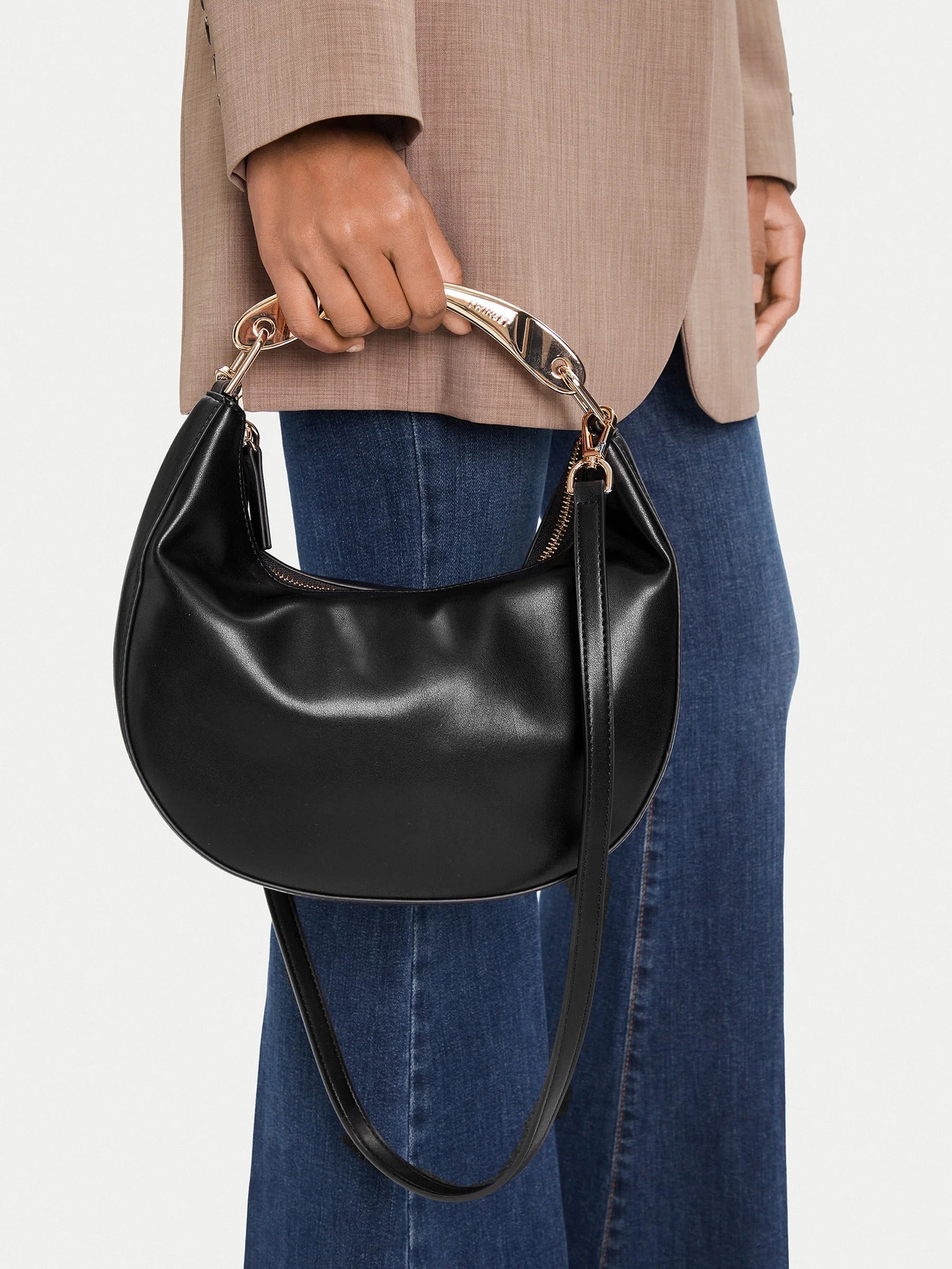 TWINSET Women's Black Hobo Shoulder Bag with Metal Handle and Shoulder Strap