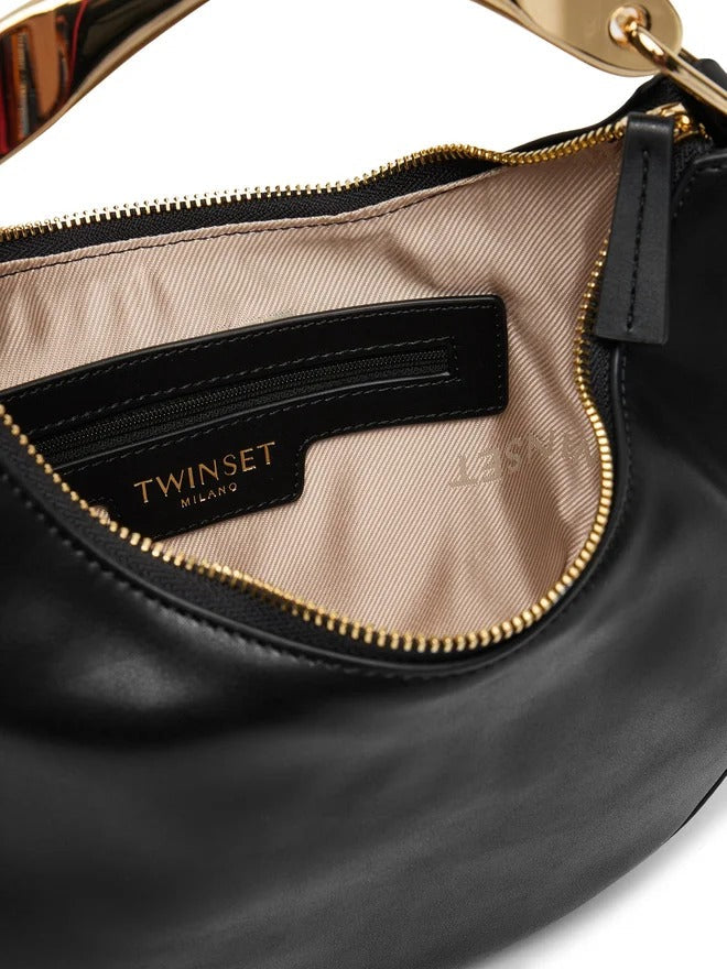 TWINSET Women's Black Hobo Shoulder Bag with Metal Handle and Shoulder Strap